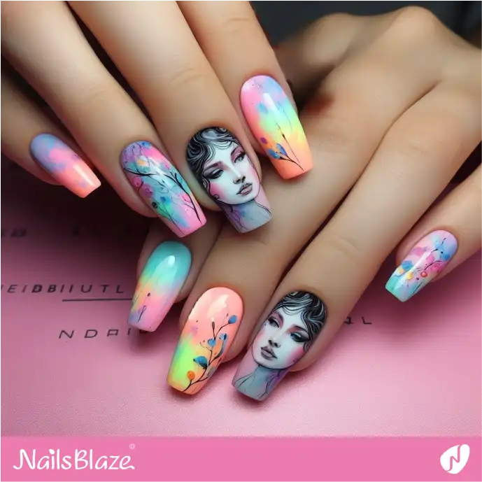 Pastel Neon Watercolor Nails with Portrait Design | Paint Nail Art - NB2242